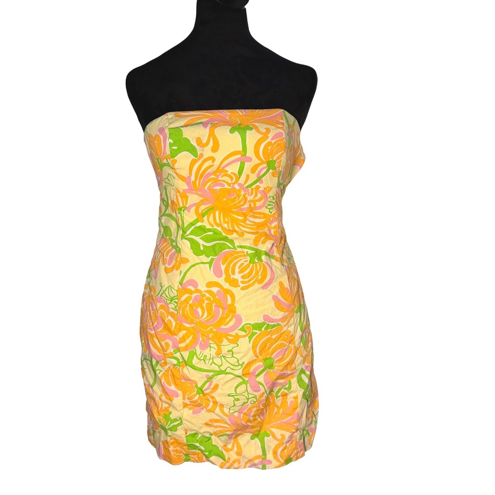 Lilly Pulitzer Strapless Yellow Dress Tie Back Floral Corset Lined Bloom SZ 2